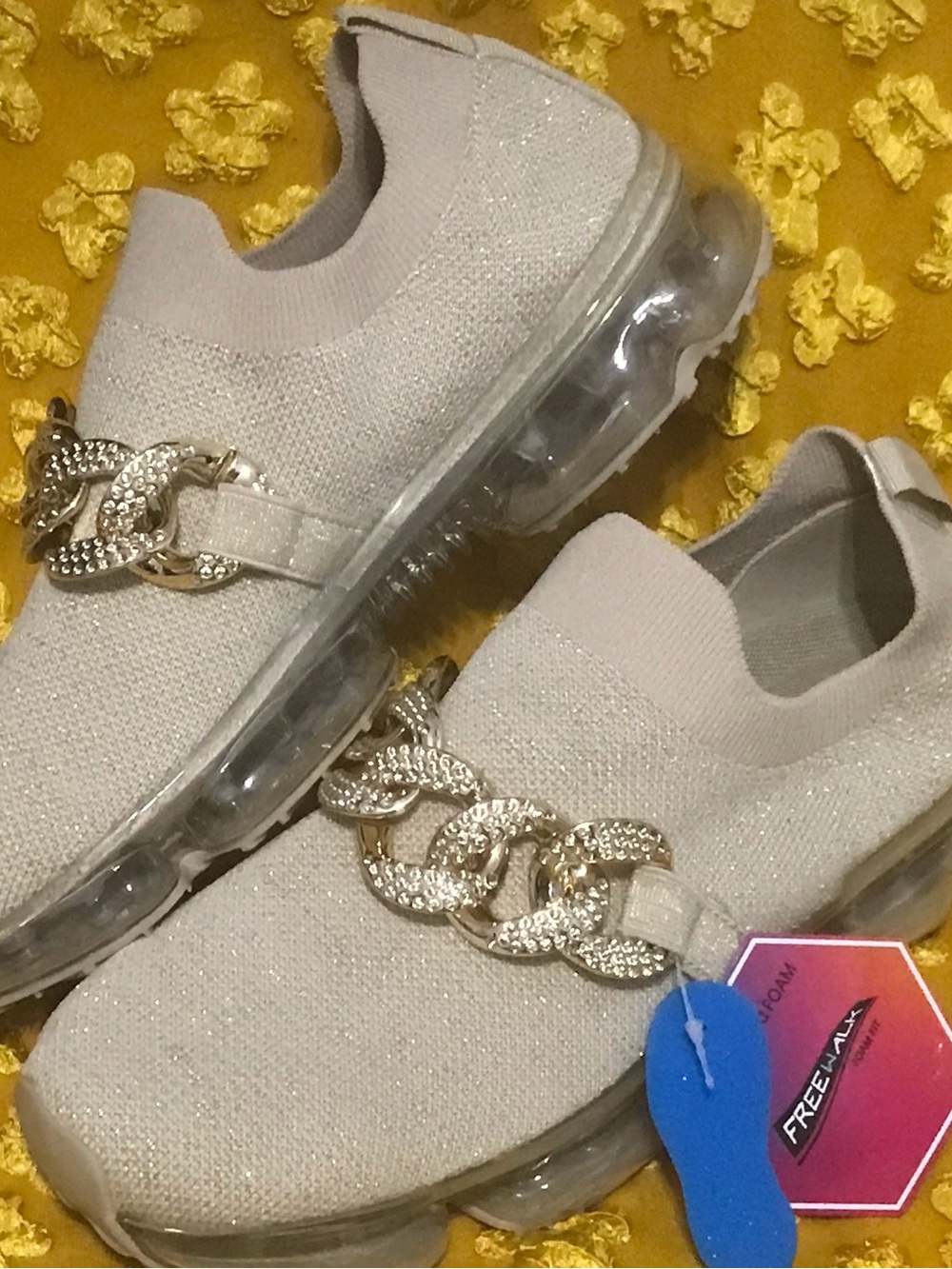 Women's Cream Slip-On Knit Sneakers with Gold Chain Accent